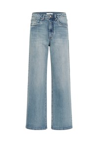 Jeans de pierna ancha de color azul claro, confeccionados en denim, con una cintura alta, bolsillos frontales y un acabado desgastado con costuras en contraste.