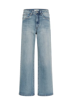 Svijetloplave široke traperice s visokim strukom, prednjim džepovima i izblijedjelim finišem sa kontrastnim šavovima.