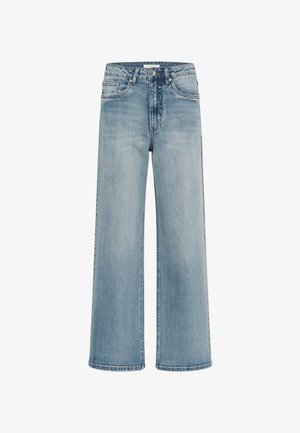 Heledad sinised laiad teksad, mis on valmistatud denimist, kõrgema puusaga, esikottide ja tuhmide viimistlustega, millel on kontrastsed õmblused.