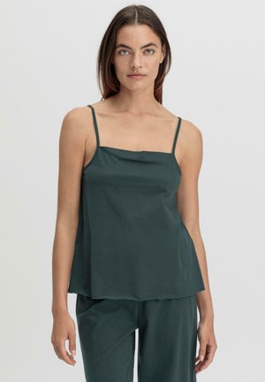 Dunkelgrüne Camisole mit dünnen verstellbaren Trägern und einem quadratischen Ausschnitt, aus weichem, fließendem Stoff gefertigt, mit lockerer Passform und Saum.