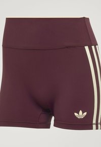 Maroon athletic shorts with high waistband, three white side stripes, and white Adidas trefoil logo on left leg.