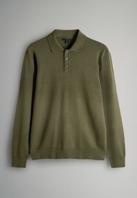 Langärmliger olivgrüner Polo-Pullover aus Strickmaterial, mit Kragen, vierknöpfigem Verschluss und gerippten Bündchen.