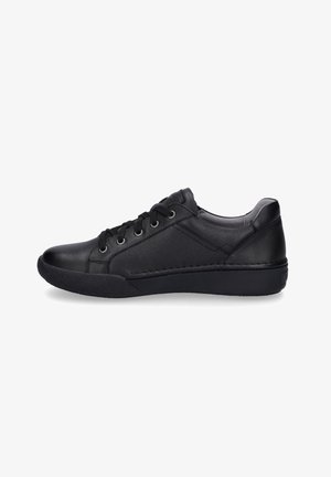 Schwarze Ledersneaker mit glatter Oberfläche, abgerundetem Zehenbereich, Schnürdesign und strukturiertem Gummilaufsohle für besseren Halt.