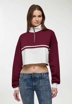 Pullover corto bordeaux e bianco con colletto alto e mezza zip, caratterizzato da una striscia bianca orizzontale. Il tessuto sembra morbido e ha maniche lunghe.