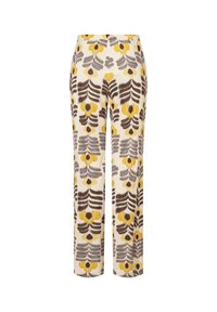 Crèmekleurige rechte broek met een herhalend patroon van gele en bruine abstracte bloemvormen en grijze bladachtige ontwerpen.