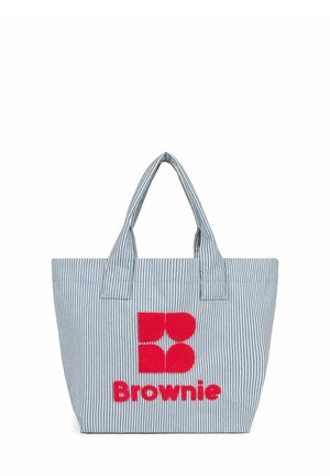 Sac fourre-tout rayé gris et blanc avec des poignées courtes et le logo rouge texturé « Brownie » centré sur le devant.