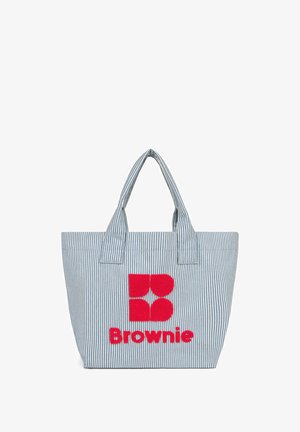 Sac fourre-tout rayé gris et blanc avec des poignées courtes et le logo rouge texturé « Brownie » centré sur le devant.