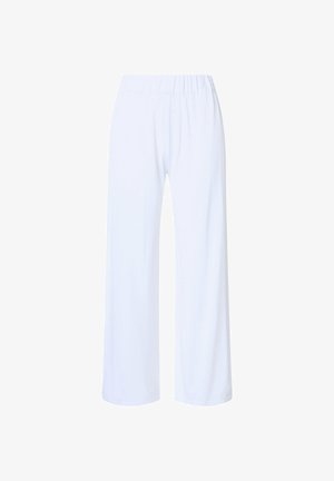 Białe spodnie o szerokich nogawkach z elastycznym pasem, miękka, lejąca się tkanina i luźny krój, idealne do codziennego noszenia lub do relaksu.