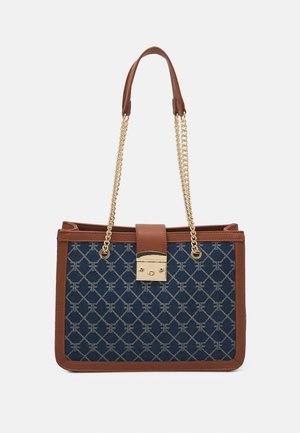 Rectangular navy blue and brown handbag with gold chain straps, diamond pattern, and gold clasp closure on front center.