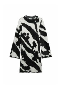 Pitkähihainen, pörröinen mekko valkoisena mustilla abstrakteilla kuvioilla, pyöreällä kaula-aukkolla ja suoralinjaisella siluetilla. Pehmeä pinta, puolipitkä.