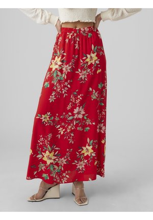 Rode maxi rok met bloemmotief, voorzien van een elastische tailleband, levendige gele en groene bloemen, en een lichtgewicht, vloeiende stof.