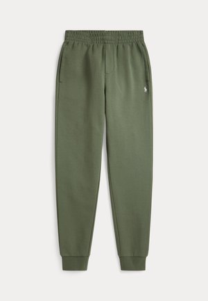 Spodnie dresowe w kolorze oliwkowym z elastycznym pasem, bocznymi kieszeniami, ściągaczami przy nogawkach oraz małym, białym, haftowanym logo konia na prawej udzie.