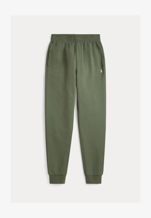 Olijfgroene joggerbroek met elastische tailleband, zijzakken, geribde boorden en klein geborduurd wit paardenlogo op het rechter bovenbeen.