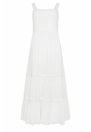 Vestido largo sin mangas blanco con escote cuadrado y falda de capas con bordes sutiles en forma de ondas.