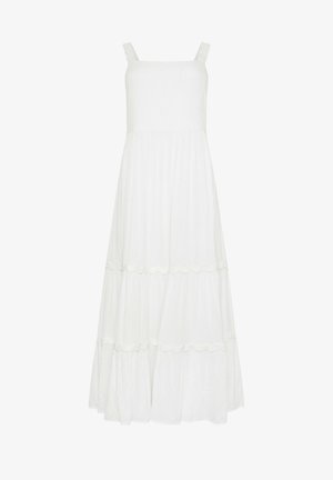 Vestido largo sin mangas blanco con escote cuadrado y falda de capas con bordes sutiles en forma de ondas.