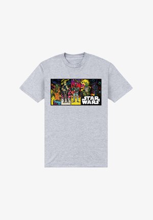 Szary bawełniany t-shirt z kolorowym nadrukiem z Gwiezdnych Wojen, przedstawiającym postacie na tle żywej, wielobarwnej kompozycji, w tym żółtych i różowych sekcjach.