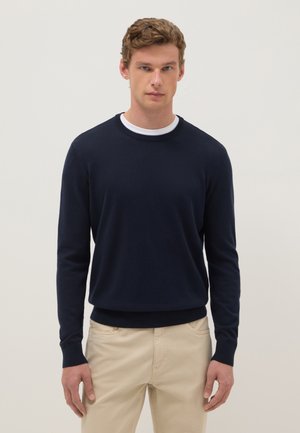 Junger Mann mit kurzen braunen Haaren, der einen dunkelblauen Langarmpullover über einem weißen Hemd und beigen Hosen trägt, steht vor einem schlichten Hintergrund.