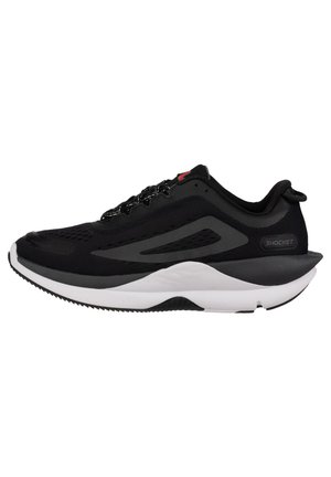 Scarpa sportiva nera con tomaia in rete, suola ammortizzata e dettagli bianchi. Presenta dettagli testurizzati e chiusura con lacci.