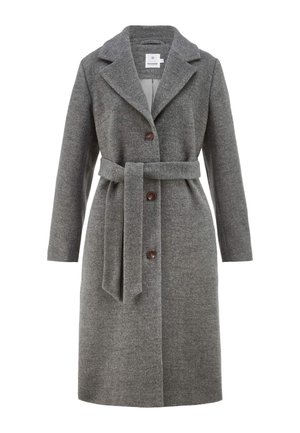 Grauer Wollmantel mit Reverskragen, Knopfleiste vorne und passendem Gürtel. Verfügt über einen strukturierten Stoff und zwei braune Knöpfe auf der Vorderseite.