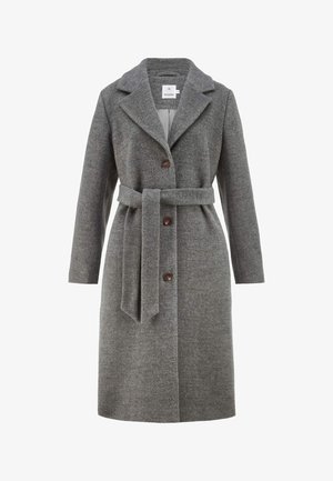 Grauer Wollmantel mit Reverskragen, Knopfleiste vorne und passendem Gürtel. Verfügt über einen strukturierten Stoff und zwei braune Knöpfe auf der Vorderseite.