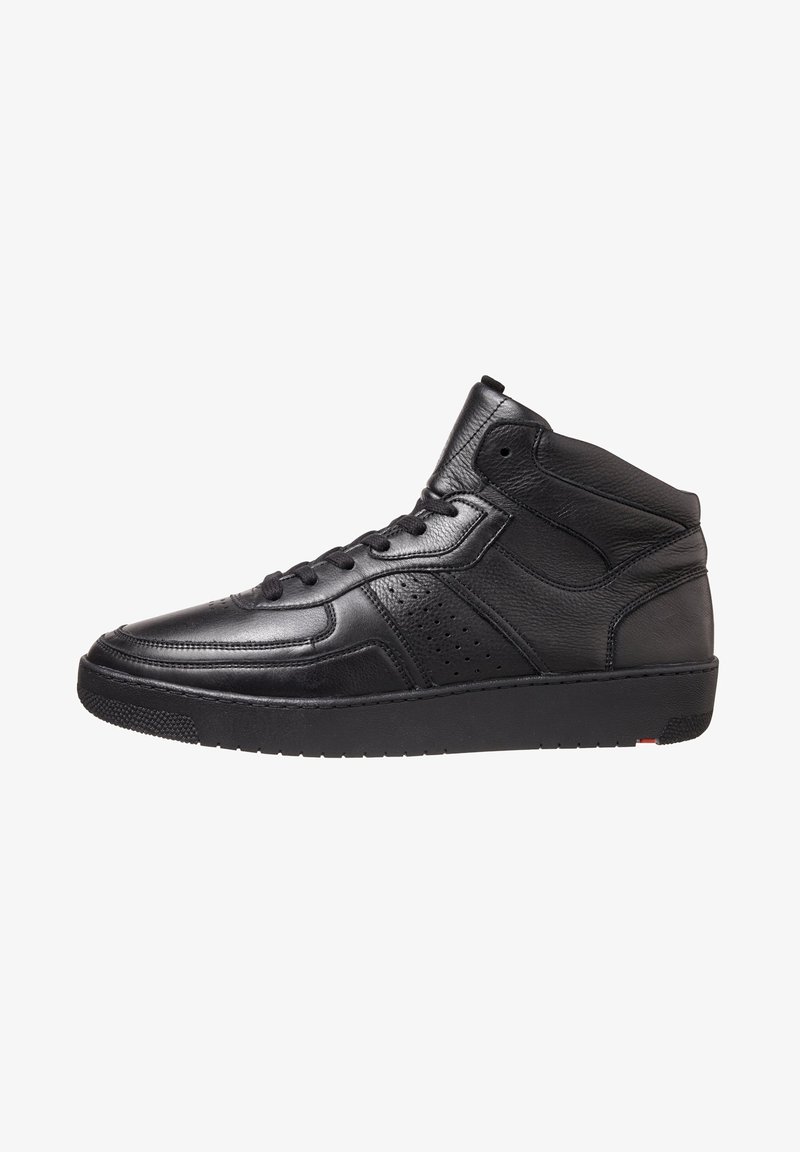 Schwarze High-Top-Sneaker aus strukturiertem Leder, mit einer Schnürung, perforierten Seitenteilen und einer soliden schwarzen Gummisohle.