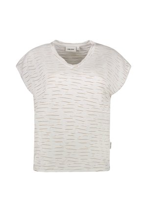 T-shirt blanc à col en V avec manches courtes, présentant des découpes en motif de vagues texturées sur toute sa surface. Fabriqué à partir d'un matériau doux et léger.