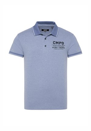 Light blue polo shirt made of cotton, featuring a two-button placket, ribbed collar and cuffs with contrasting stripes, and printed text on the front.