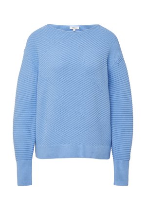 Helles blaues, strukturiertes Sweatshirt mit weitem Ausschnitt. Verfügt über diagonale und gerippte Muster. Lange Ärmel mit gerippten Bündchen und Saum.