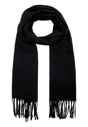 Écharpe en laine noire avec de longues franges aux deux extrémités, pliée en boucle.