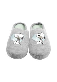 Gray fabric slippers featuring a Snoopy graphic holding flowers, rounded shape, soft interior, and light blue accent on one side.
