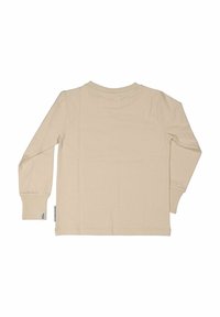 Beige pitkähihaine t-paita pehmeästä kankaasta, jossa on pyöreä pääntie, ribbaatut hihansuut ja etiketti vasemmalla puolella. Sujuva rakenne.