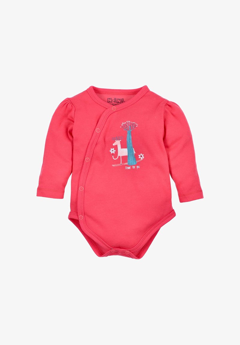 Koralfarvet langærmet bodystocking med trykknapper, prydet med et hvidt hjorte- og trædesign i blå og hvid broderi, lavet af blødt bomuld.