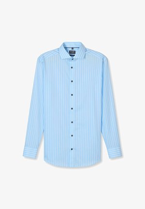Lichtblauw herenjasje met dunne witte verticale strepen, lange mouwen, knoopsluiting aan de voorkant en een puntige kraag.