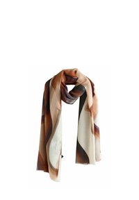 Écharpe en soie avec des motifs abstraits marron, beige et blanc, présentant un tissu léger et texturé avec des bords roulés.