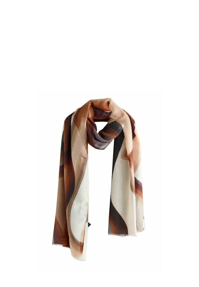 Écharpe en soie avec des motifs abstraits marron, beige et blanc, présentant un tissu léger et texturé avec des bords roulés.
