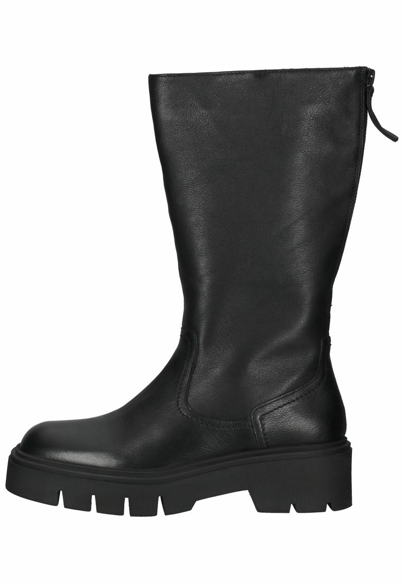 Botte mi-mollet en cuir noir avec semelle en caoutchouc épaisse et fermeture éclair au dos, conçue pour un usage décontracté ou robuste.