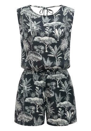 Ærmeløs sort romper med hvidt tropisk træ- og planteprint, elastik i taljen og bindelukning i nakken bagpå.