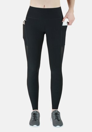 Schwarze sportliche Leggings mit Seitentaschen, hohem Taillenbund und Mesh-Detail. Glattes, dehnbares Material für Komfort während der Aktivitäten.