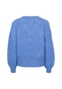 Blauwe gebreide trui met een ontspannen pasvorm, ronde halslijn en ribgebreide manchetten en zoom. Zachte textuur met een comfortabele oversized vorm.