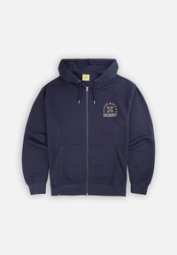 Haut à zip navy en mélange de coton. Comprend une poche avant, une capuche avec cordon de serrage et un graphisme imprimé sur la poitrine. Texture douce.