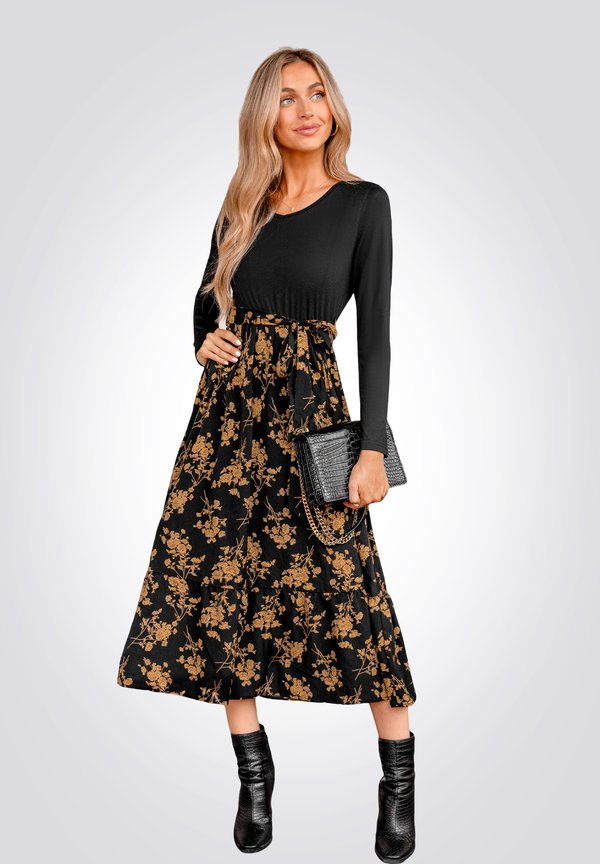 FLORAL LONG SLEEVE MIDI DRESS - Freizeitkleid - schwarzes blumenmuster