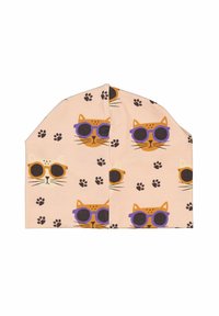 Kattmönstrad mössa i mjuk, persikofärgad tyg. Har tecknade katter som bär lila solglasögon och svarta tassavtryck. Rundad toppdesign.