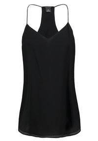 Svart ärmlös topp med V-ringning, tillverkad av ett slätt tyg. Har tunna axelband och en rak nederkant. Inga synliga mönster eller detaljer.