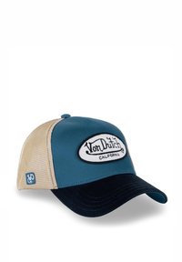 Gorra trucker con panel frontal azul, laterales de malla beige y visera negra. Cuenta con un parche bordado con el logo de Von Dutch.