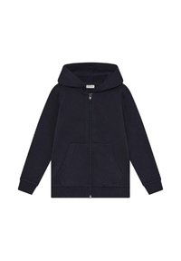Barns svart zip-up hettegenser med frontlommer og ribbestrikkede ermer, vist mot en hvit bakgrunn.