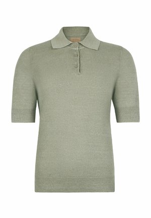 Koszulka polo z krótkim rękawem, dzianinowa, w stonowanym zielonym kolorze szałwii, z trzema guzikami oraz ściągaczami na mankietach i u dołu.