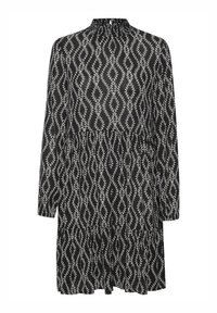 Zwart-witte jurk met lange mouwen, een hoge halslijn, een gelaagd ontwerp en een bladpatroon over de hele stof.