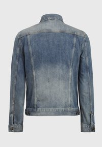 Vaaleansinisestä denimpuvusta, jossa haalistuksia. Takana neljä saumaa, napilliset hihansuut ja klassinen kaulus.