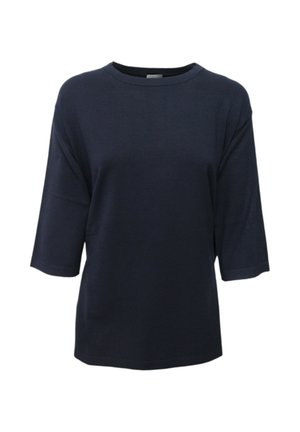 Maglietta a maniche corte blu navy. Tessuto morbido, vestibilità rilassata, collo rotondo e design semplice senza motivi o accenti visibili.