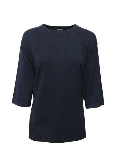 Maglietta a maniche corte blu navy. Tessuto morbido, vestibilità rilassata, collo rotondo e design semplice senza motivi o accenti visibili.
